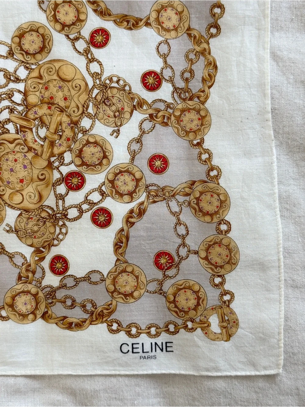 Vintage Celine Chain Medallion Print Cotton Bandana Scarf Made in Japan - Picture 3 of 12